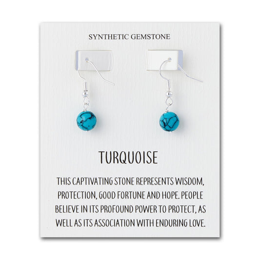 Synthetic Turquoise Gemstone Round Drop Earrings with Quote Card