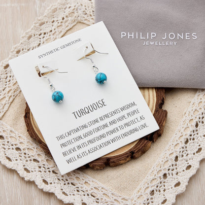 Synthetic Turquoise Gemstone Round Drop Earrings with Quote Card