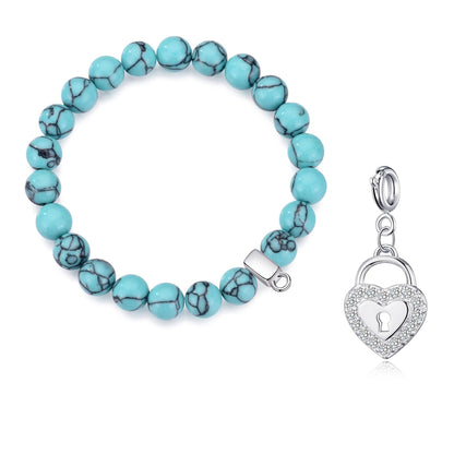 Synthetic Turquoise Gemstone Stretch Bracelet with Charm Created with Zircondia® Crystals