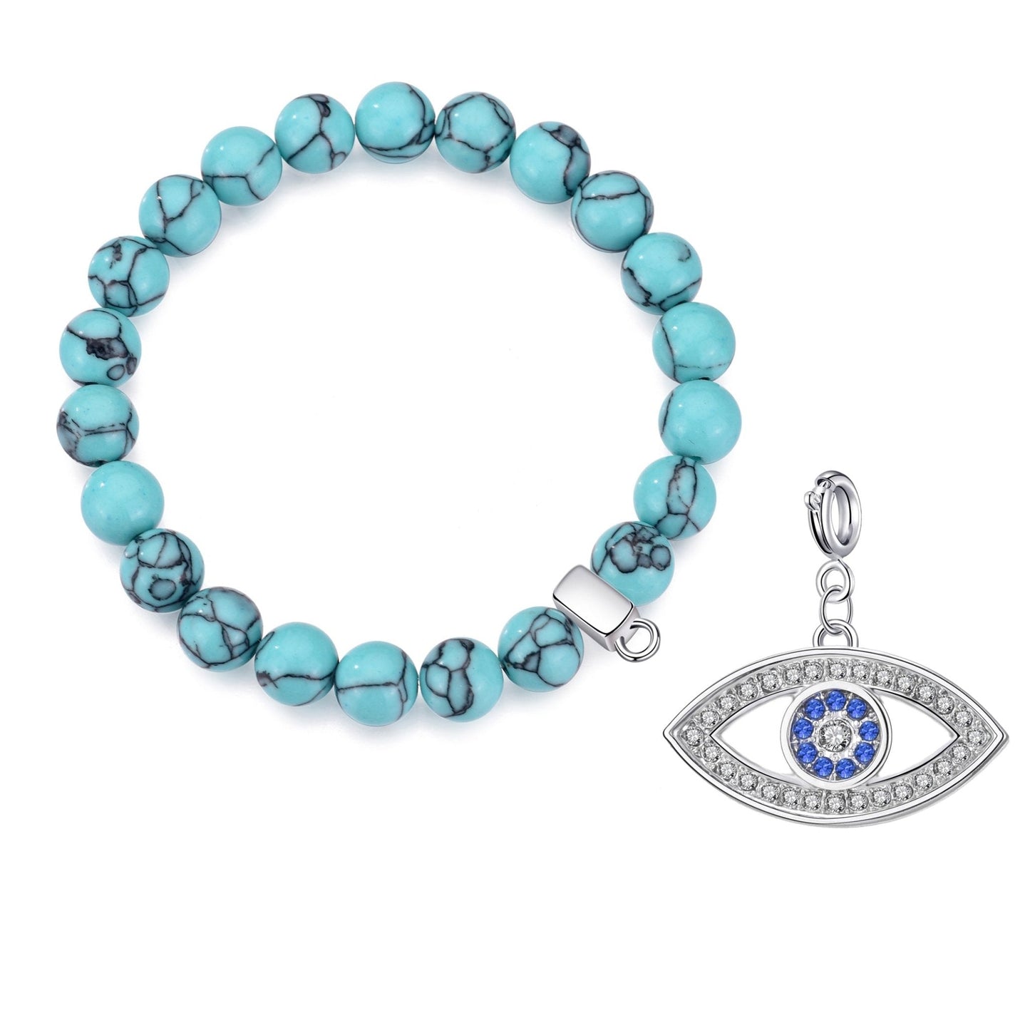 Synthetic Turquoise Gemstone Stretch Bracelet with Charm Created with Zircondia® Crystals
