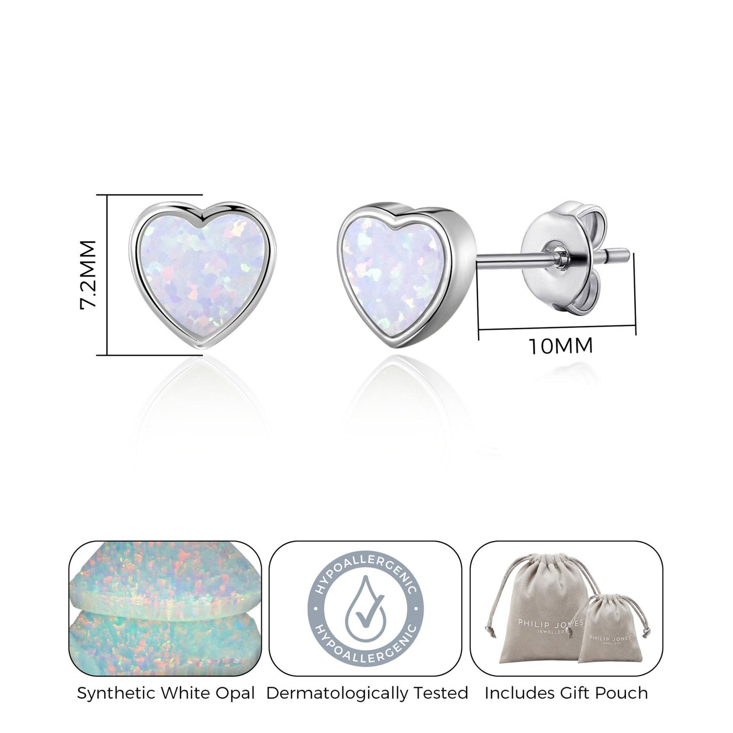 Synthetic White Opal Heart Stud Earrings with Quote Card