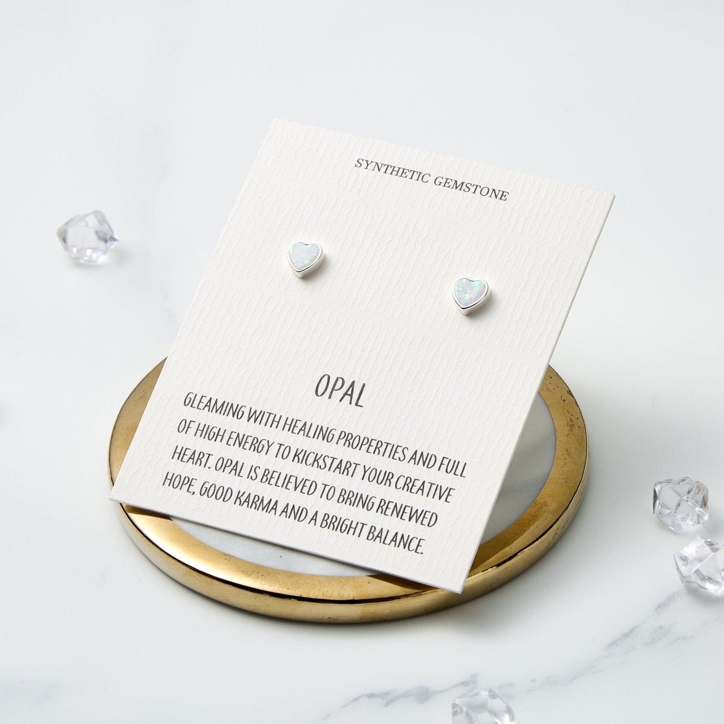 Synthetic White Opal Heart Stud Earrings with Quote Card