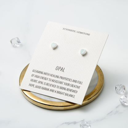Synthetic White Opal Heart Stud Earrings with Quote Card