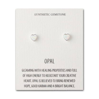 Synthetic White Opal Heart Stud Earrings with Quote Card
