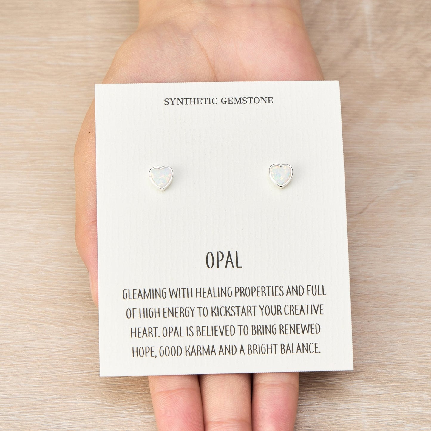 Synthetic White Opal Heart Stud Earrings with Quote Card