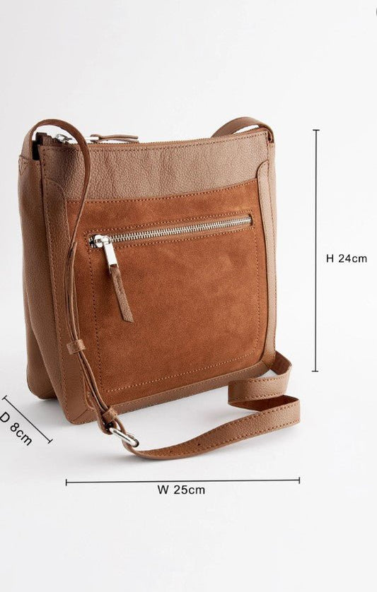 Tan Brown Leather suede Pocket Messenger cross body Bag