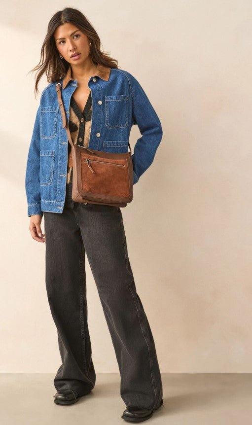 Tan Brown Leather suede Pocket Messenger cross body Bag