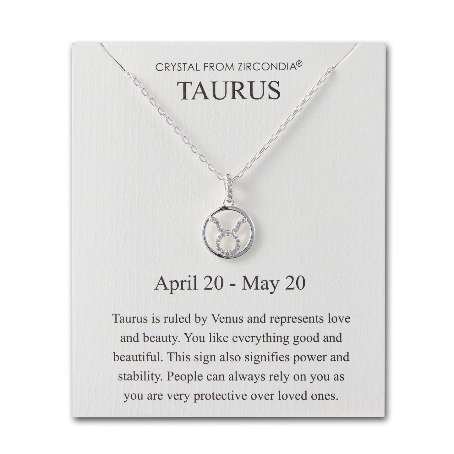 Taurus Star Sign Zodiac Necklace and Quote Card with Zircondia® Crystals