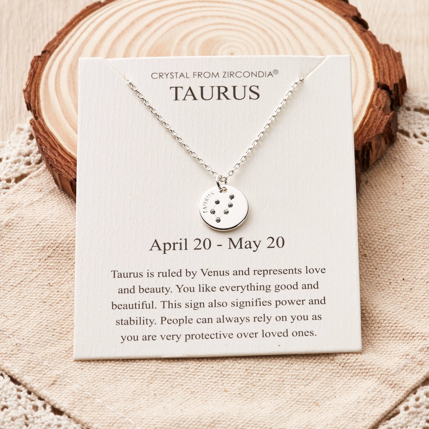 Taurus Zodiac Star Sign Disc Necklace Created with Zircondia® Crystals