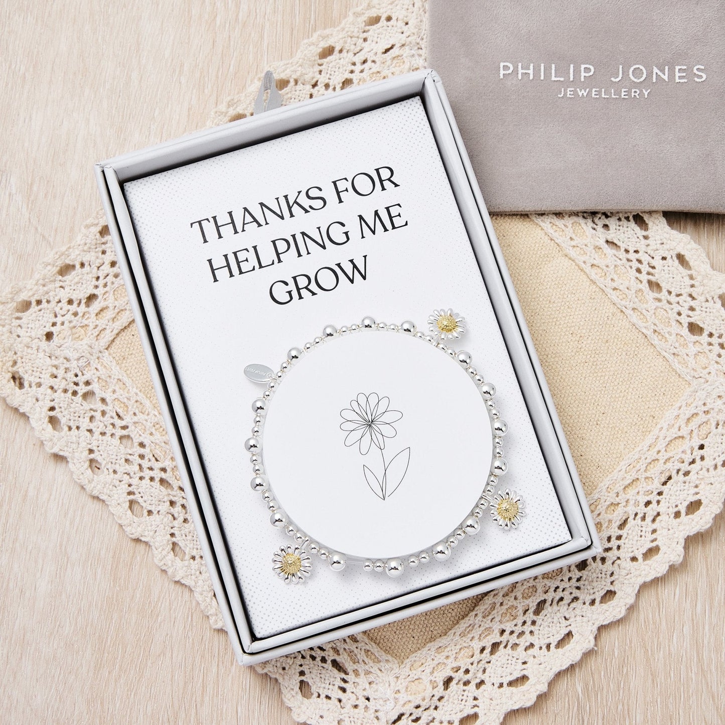 Thanks for Helping Me Grow Daisy Charm Beaded Stretch Bracelet with Gift Box