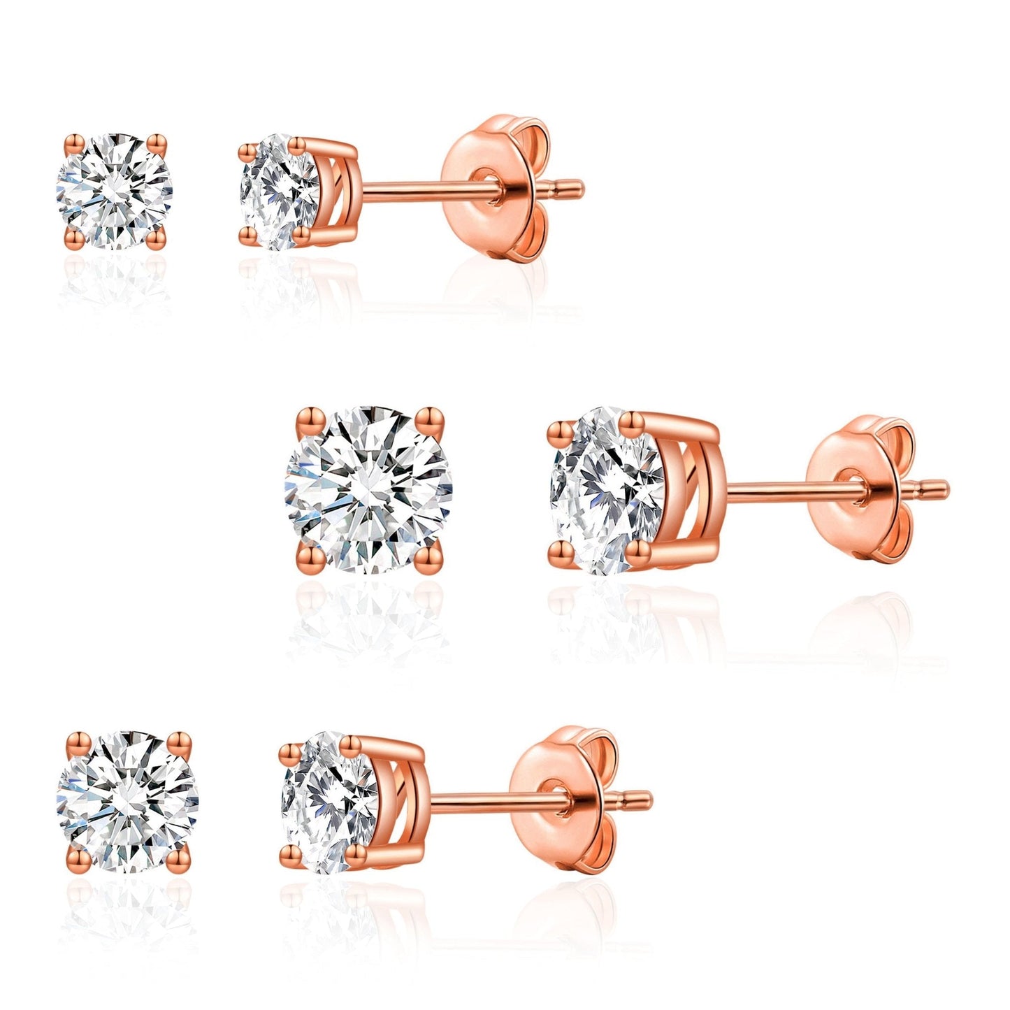 Three Pack of Rose Gold Plated 4mm, 5mm & 6mm Earrings Created with Zircondia® Crystals