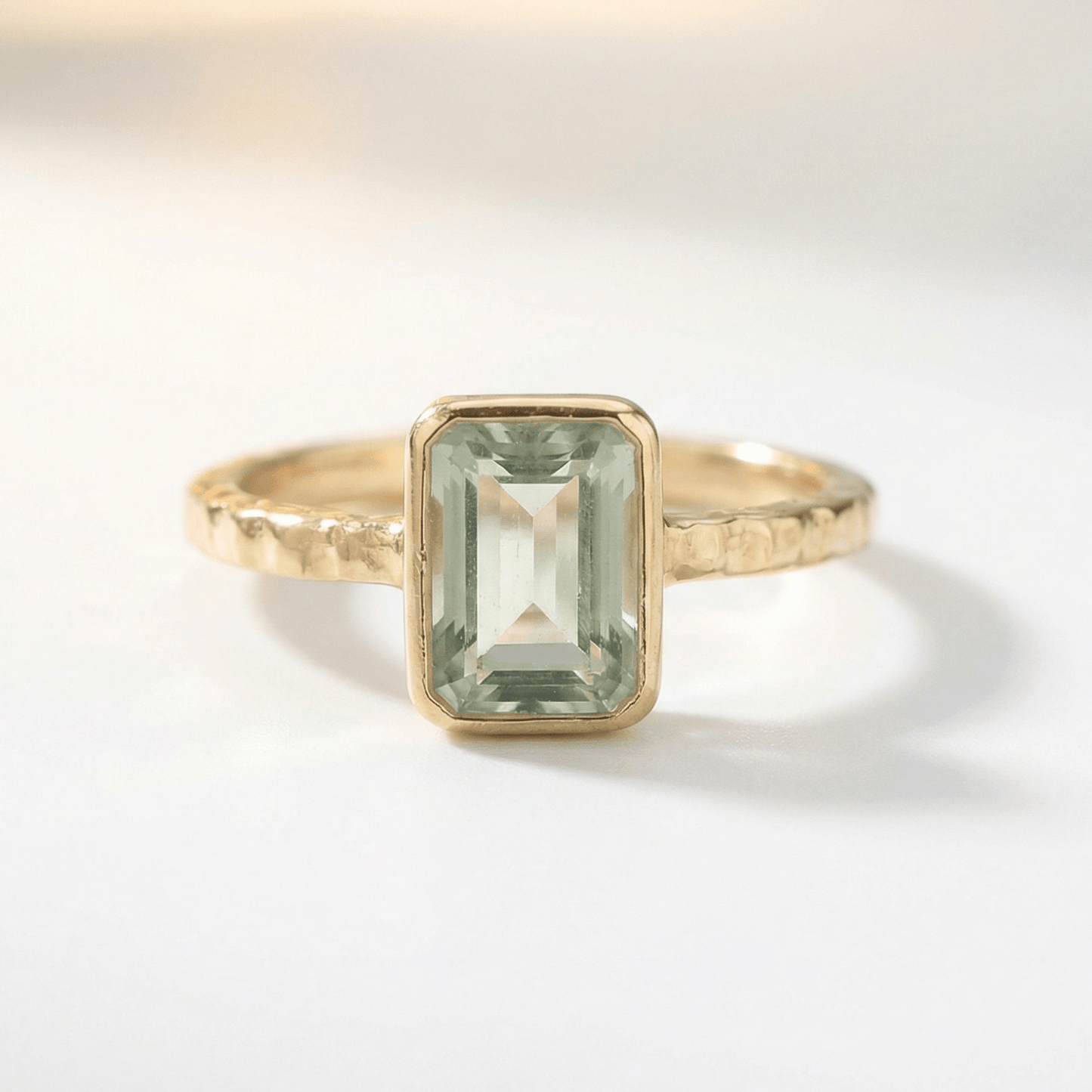 Tidewashed Green Quartz Ring - Octagonal Gemstone & Hammered Band