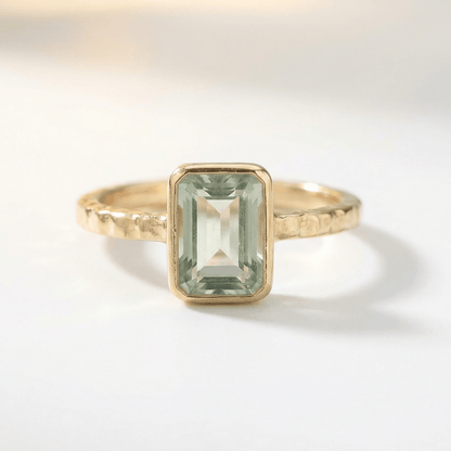 Tidewashed Green Quartz Ring - Octagonal Gemstone & Hammered Band
