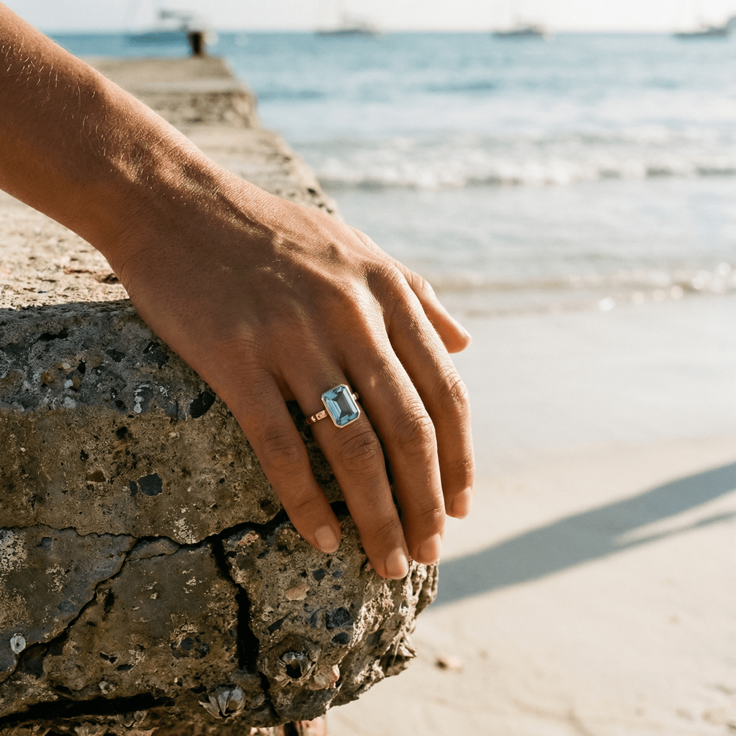 Tidewashed Sky Blue Topaz Ring – Octagonal Gemstone & Hammered Band