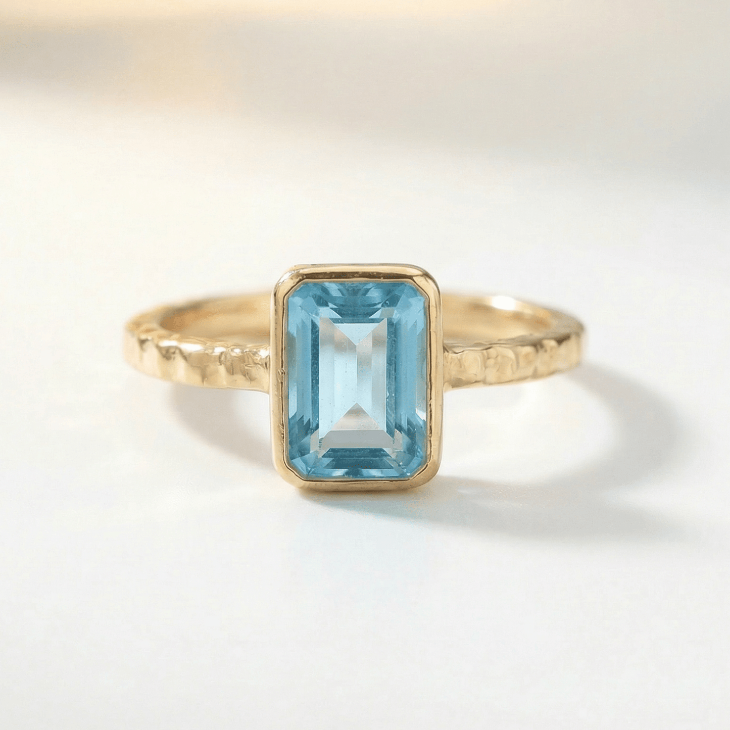 Tidewashed Sky Blue Topaz Ring – Octagonal Gemstone & Hammered Band
