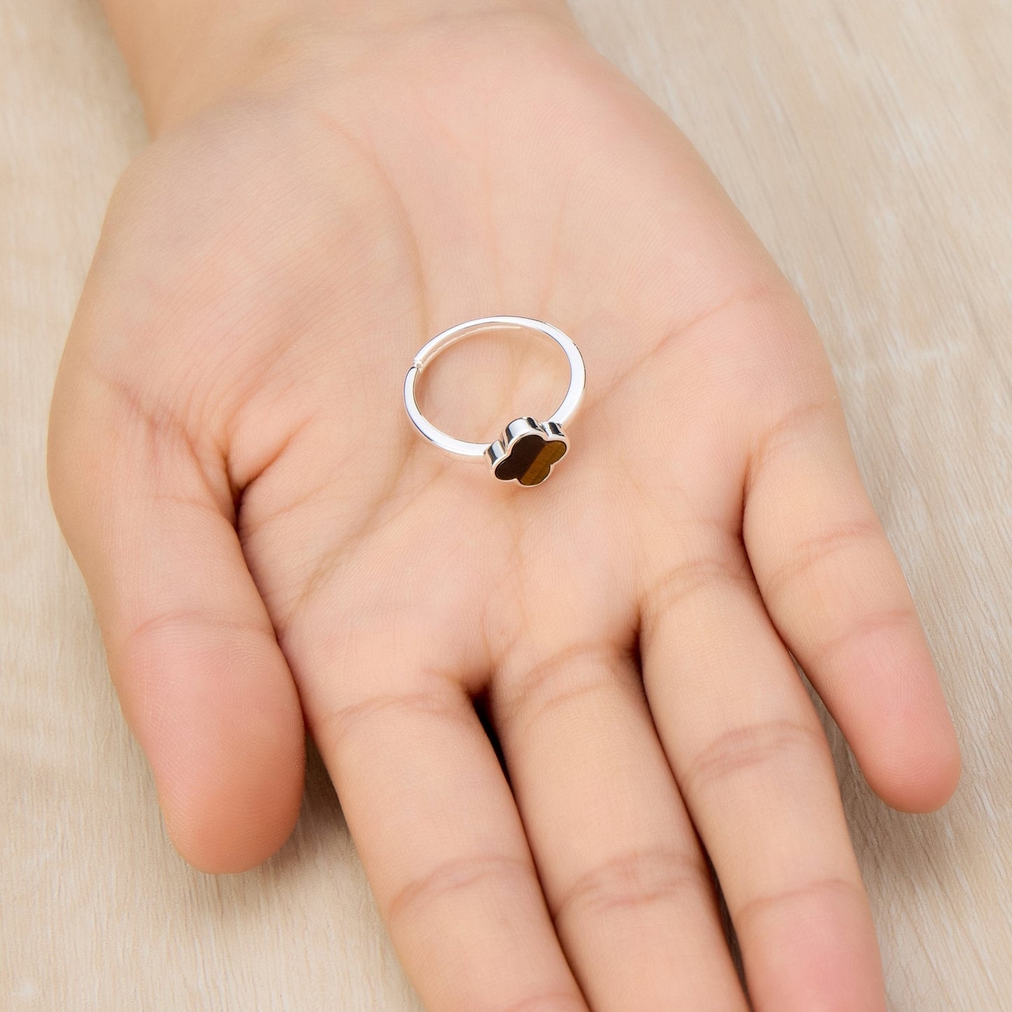Tigers Eye Gemstone Adjustable Clover Ring