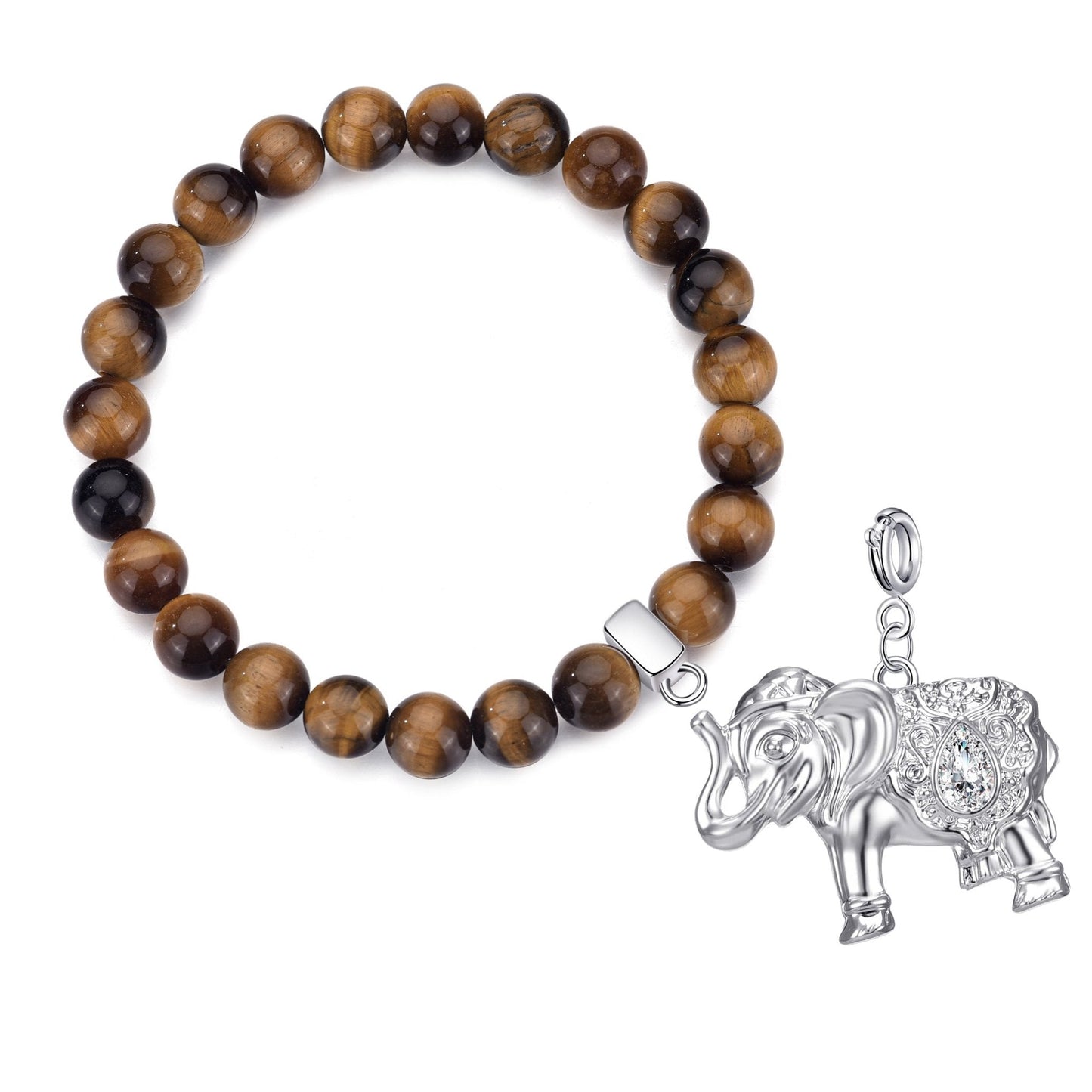 Tiger's Eye Gemstone Charm Stretch Bracelet with Charm Created with Zircondia® Crystals