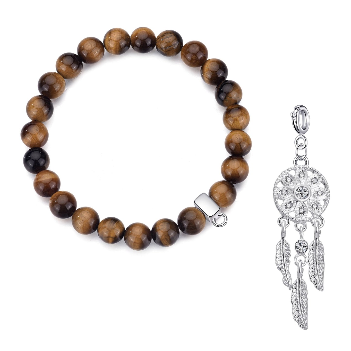 Tiger's Eye Gemstone Charm Stretch Bracelet with Charm Created with Zircondia® Crystals