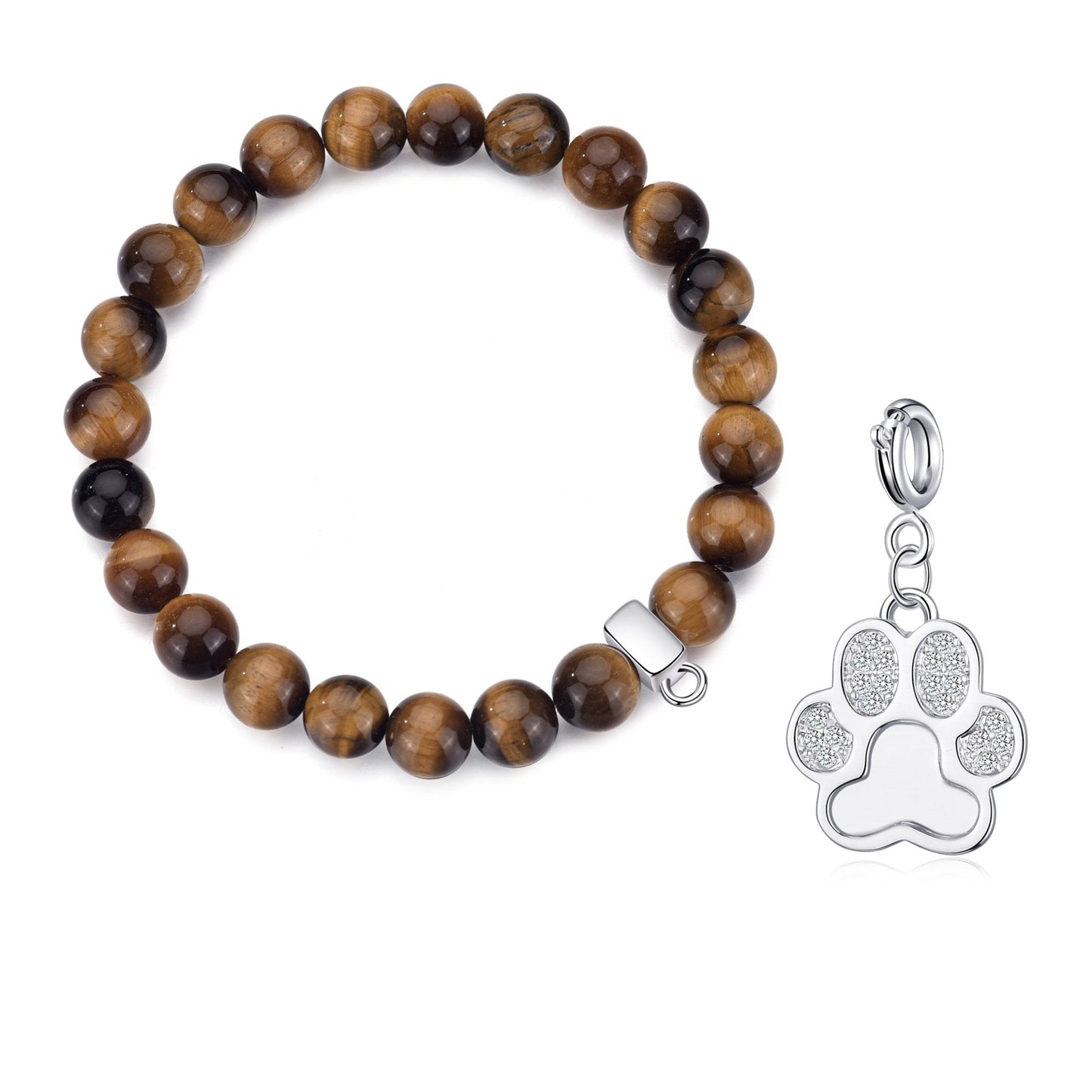 Tiger's Eye Gemstone Charm Stretch Bracelet with Charm Created with Zircondia® Crystals