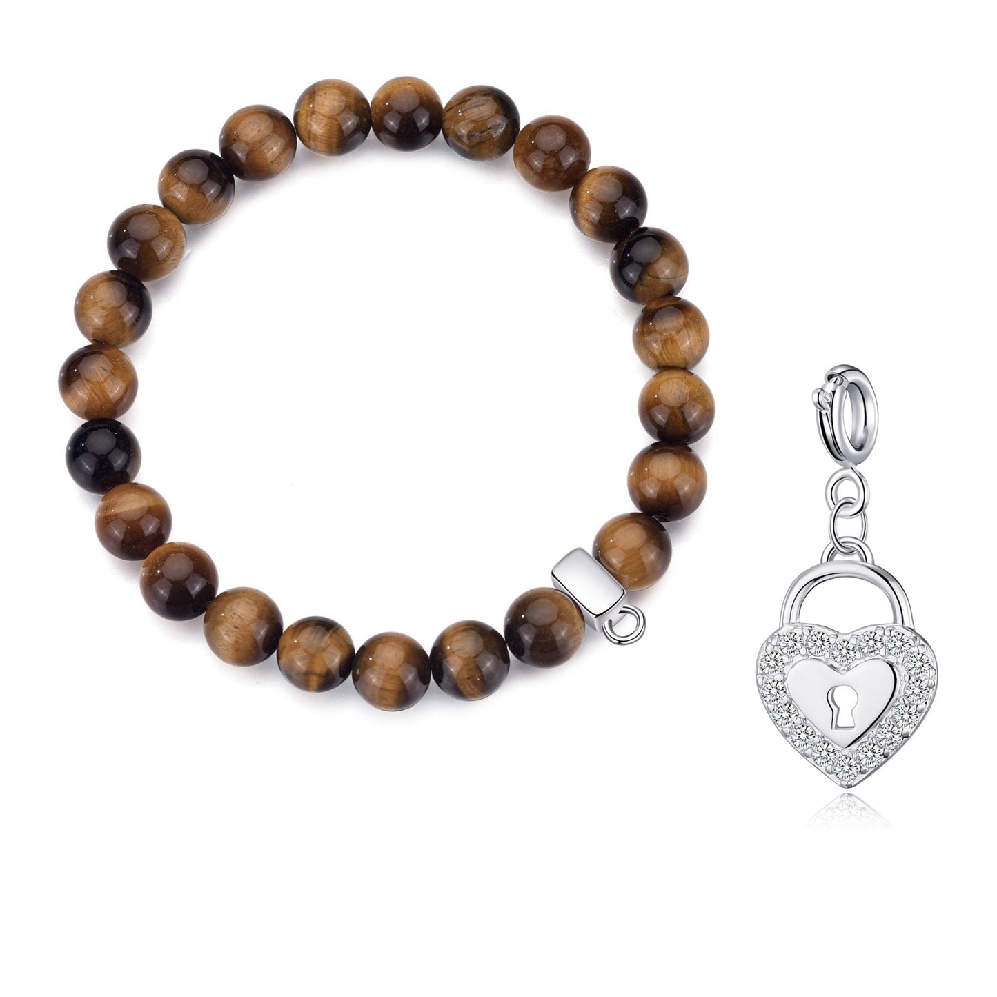Tiger's Eye Gemstone Charm Stretch Bracelet with Charm Created with Zircondia® Crystals