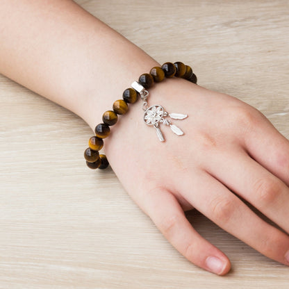Tiger's Eye Gemstone Charm Stretch Bracelet with Charm Created with Zircondia® Crystals