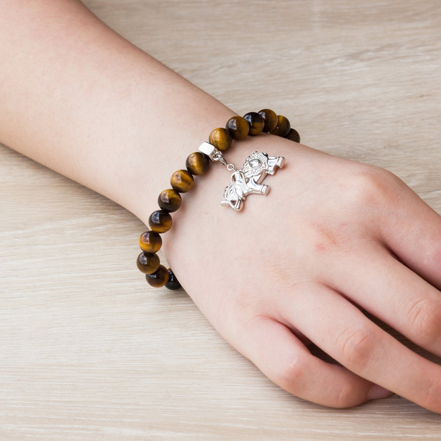 Tiger's Eye Gemstone Charm Stretch Bracelet with Charm Created with Zircondia® Crystals