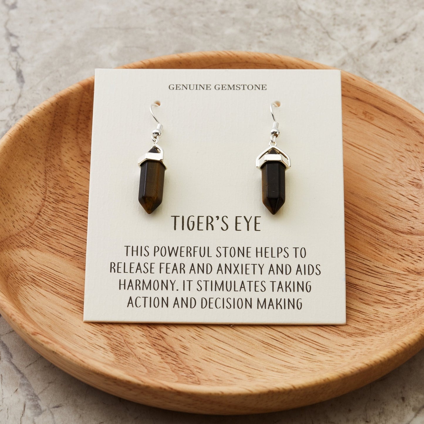 Tiger's Eye Gemstone Drop Earrings with Quote Card
