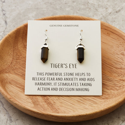 Tiger's Eye Gemstone Drop Earrings with Quote Card