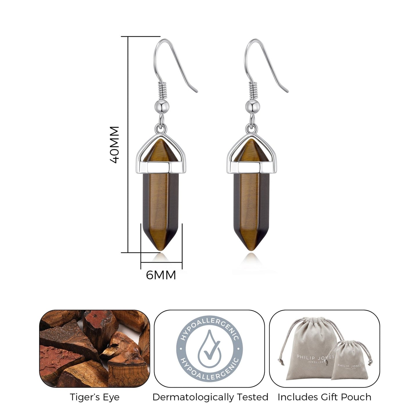 Tiger's Eye Gemstone Drop Earrings with Quote Card