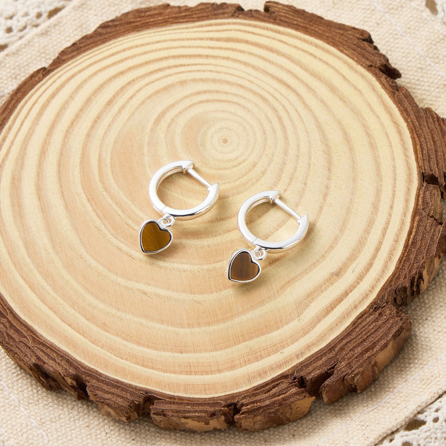 Tigers Eye Gemstone Heart Charm Hoop Earrings with Quote Card