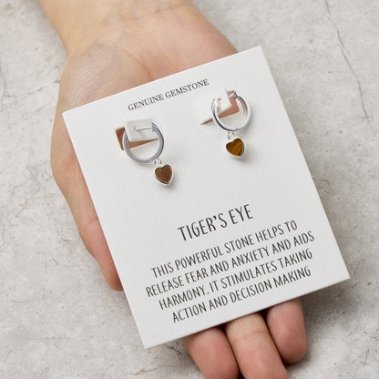Tigers Eye Gemstone Heart Charm Hoop Earrings with Quote Card