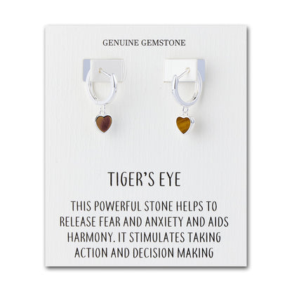 Tigers Eye Gemstone Heart Charm Hoop Earrings with Quote Card