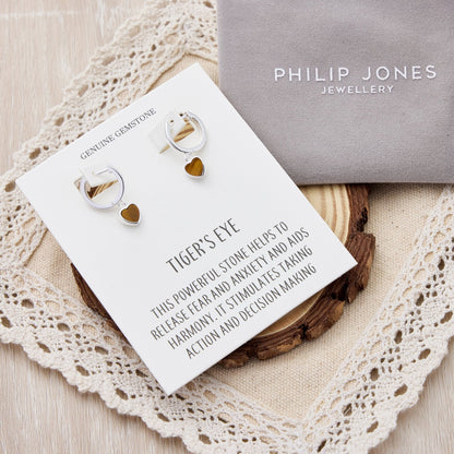 Tigers Eye Gemstone Heart Charm Hoop Earrings with Quote Card