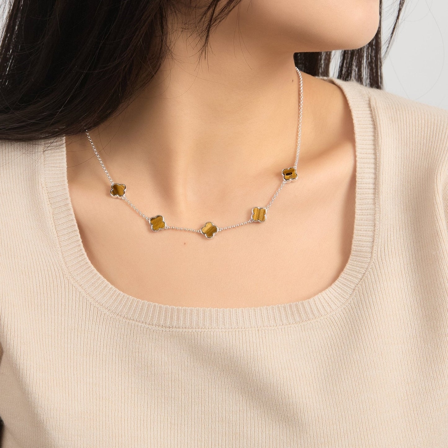 Tigers Eye Gemstone Multi Clover Necklace