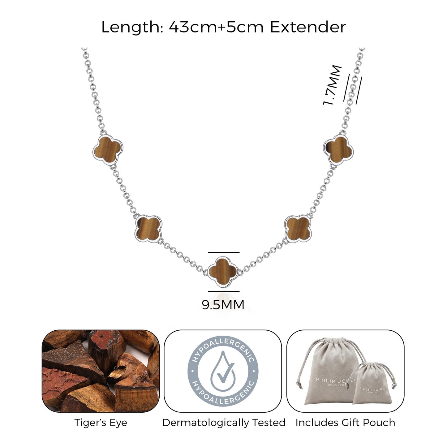 Tigers Eye Gemstone Multi Clover Necklace