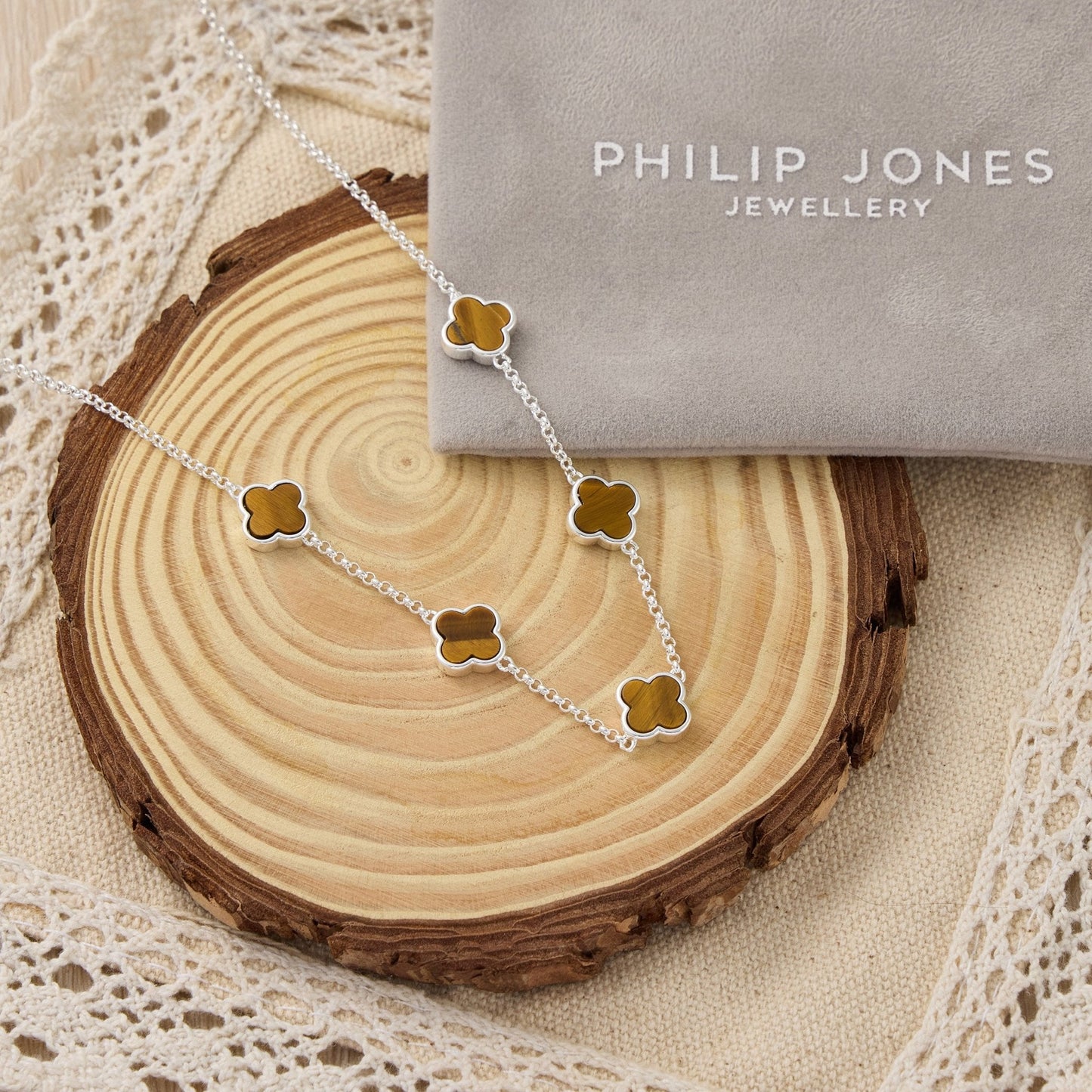 Tigers Eye Gemstone Multi Clover Necklace