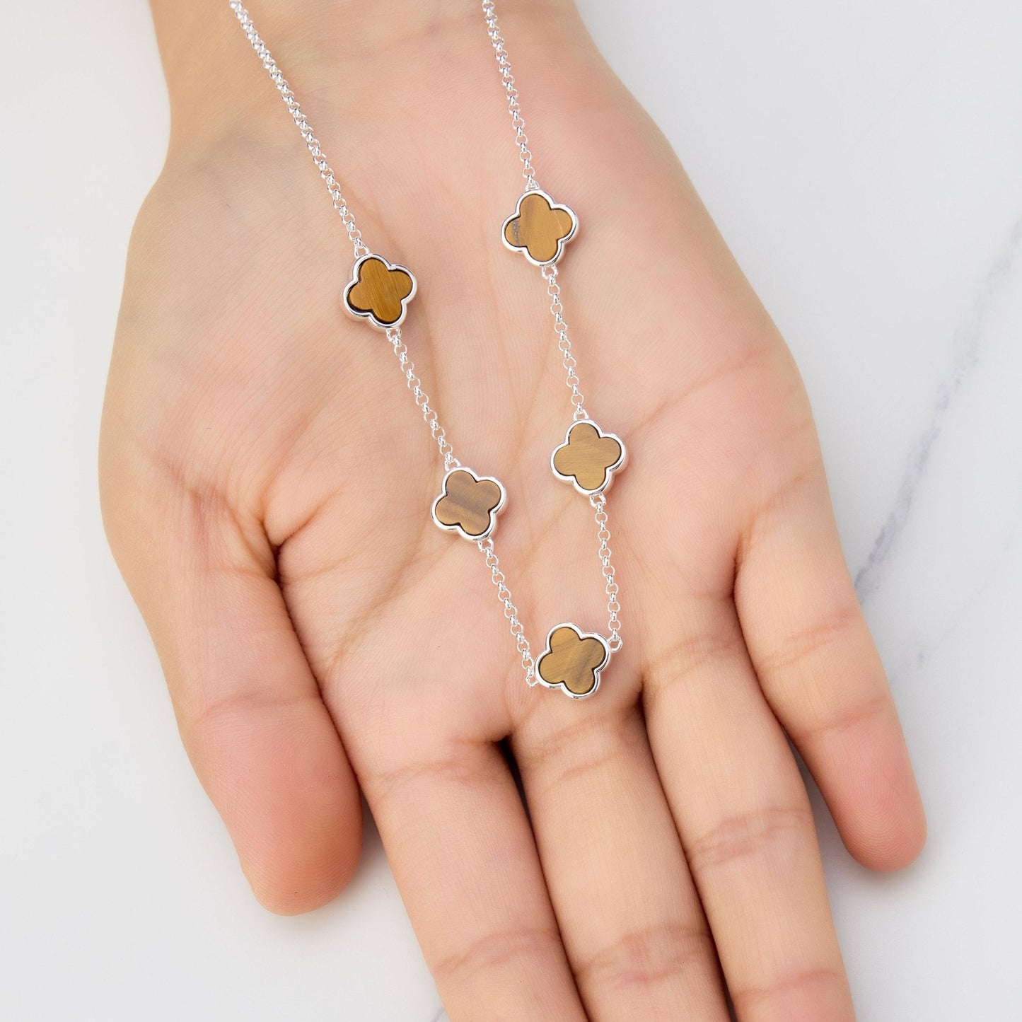 Tigers Eye Gemstone Multi Clover Necklace