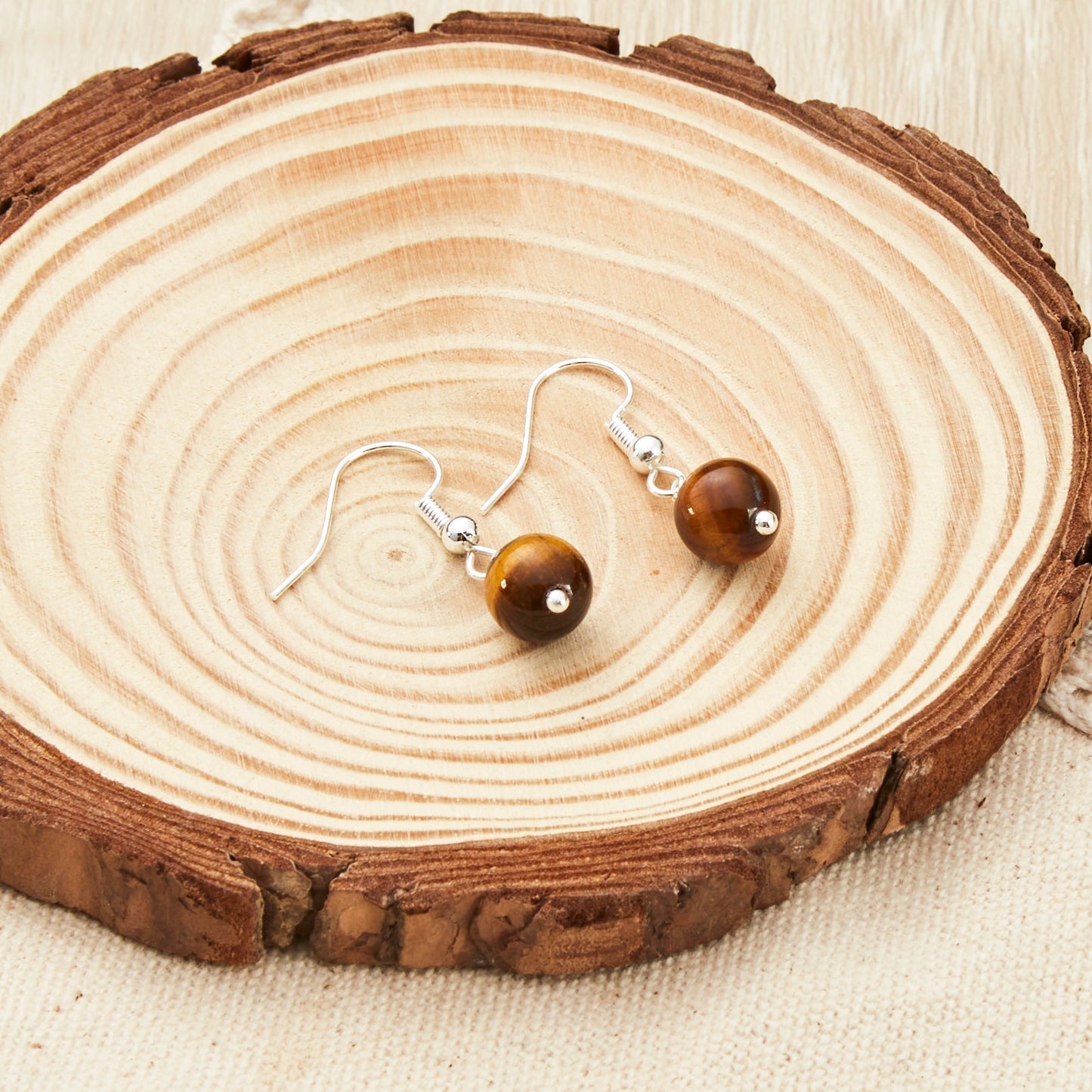 Tigers Eye Gemstone Round Drop Earrings with Quote Card