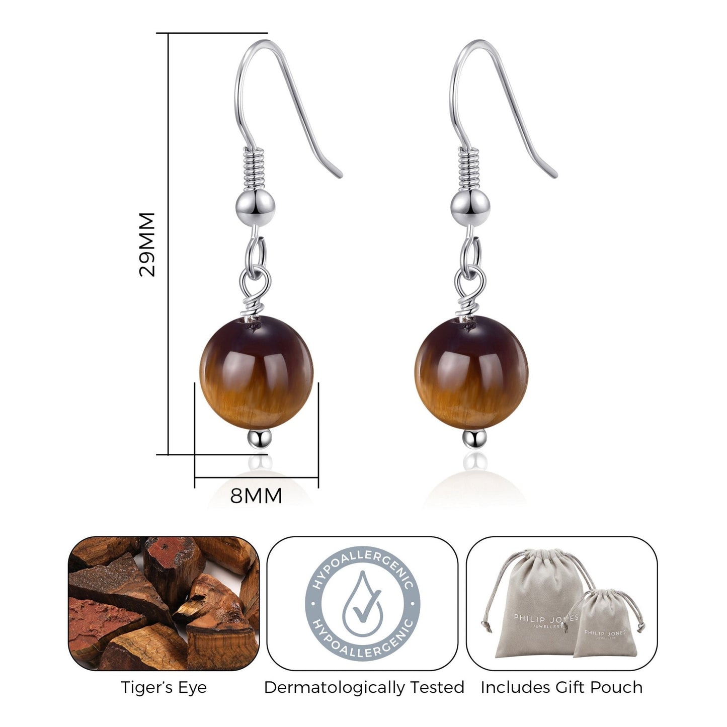 Tigers Eye Gemstone Round Drop Earrings with Quote Card