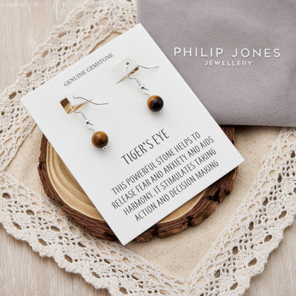 Tigers Eye Gemstone Round Drop Earrings with Quote Card