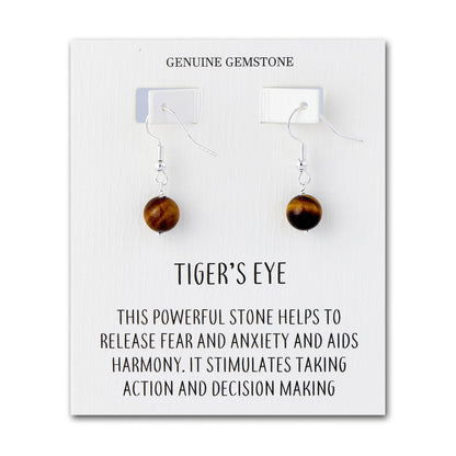 Tigers Eye Gemstone Round Drop Earrings with Quote Card