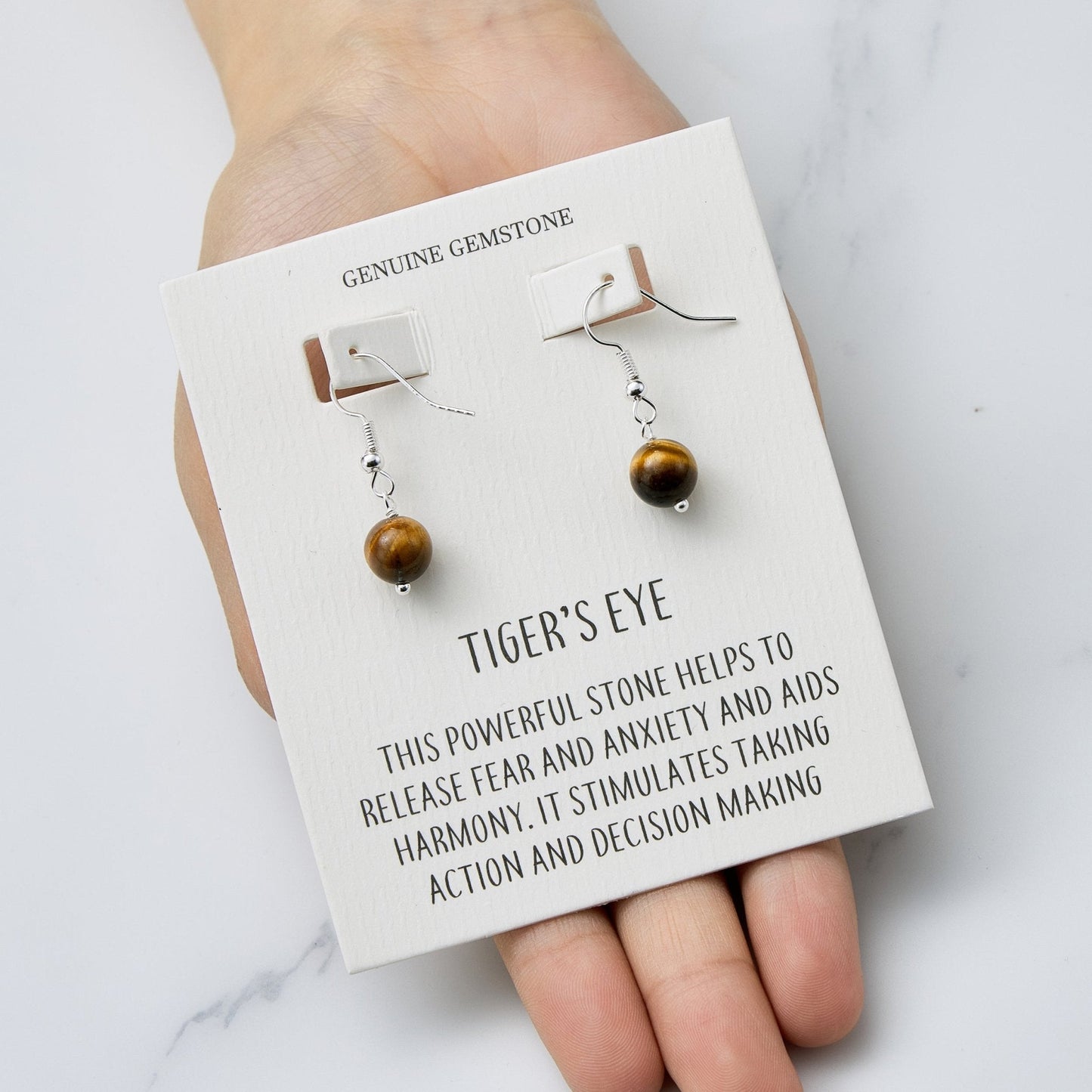 Tigers Eye Gemstone Round Drop Earrings with Quote Card