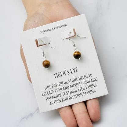 Tigers Eye Gemstone Round Drop Earrings with Quote Card