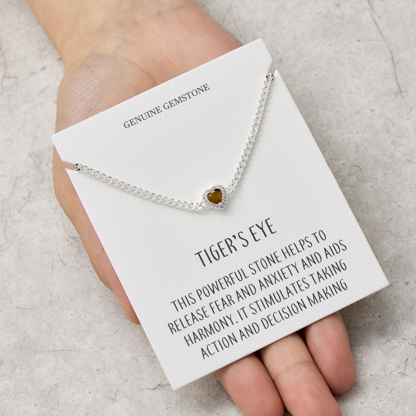 Tigers Eye Heart Gemstone Bracelet with Quote Card Created with Zircondia® Crystals