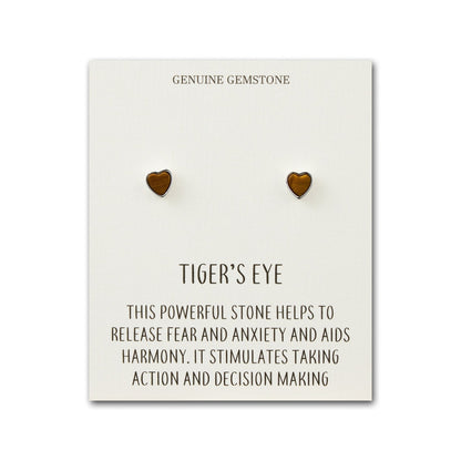 Tiger's Eye Heart Stud Earrings with Quote Card