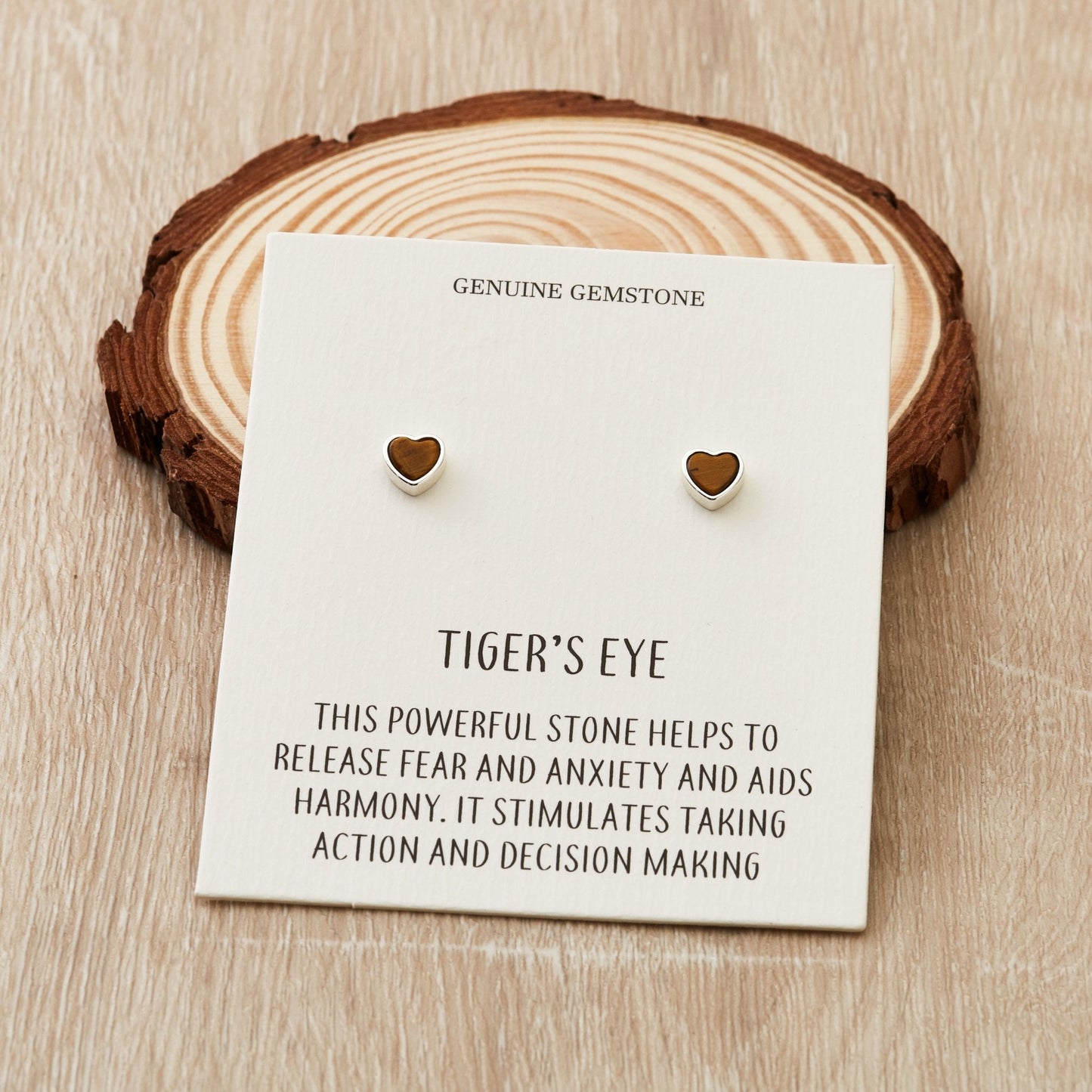 Tiger's Eye Heart Stud Earrings with Quote Card