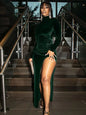 Robe mi-longue Femme Hiver Automne 2022 Velours Uni Manches Longues Fronces Fente Latérale Moulante Sexy Streetwear Soirée Club Élégante