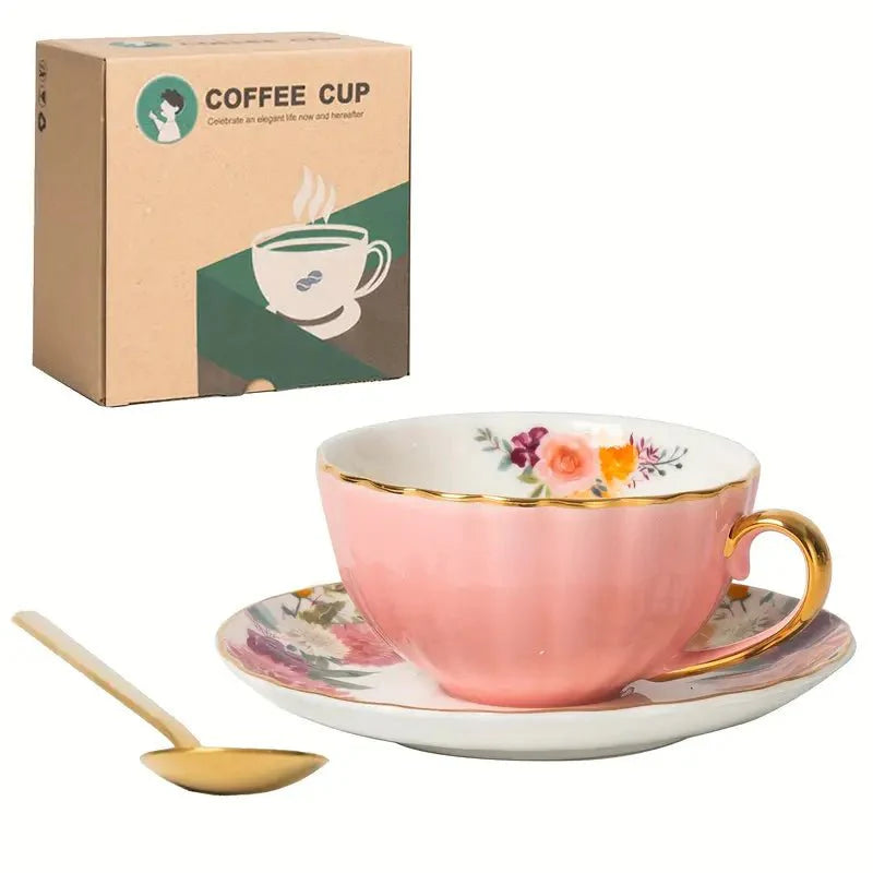 Vintage Ceramic Tea Mug Set with Golden Trim