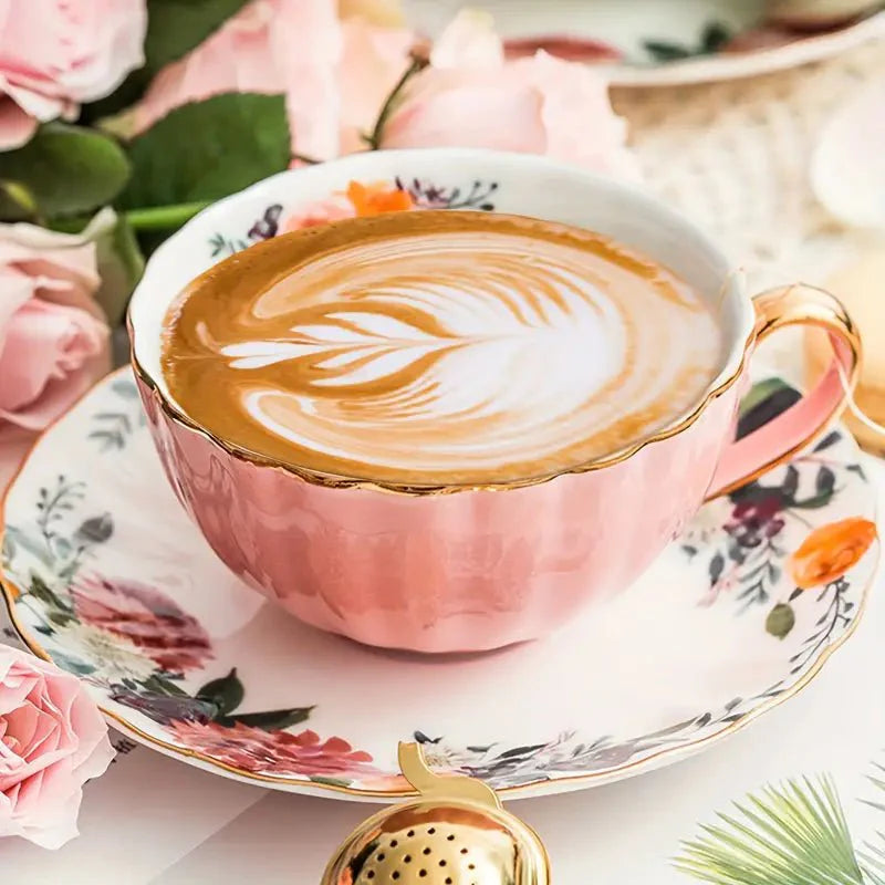 Vintage Ceramic Tea Mug Set with Golden Trim