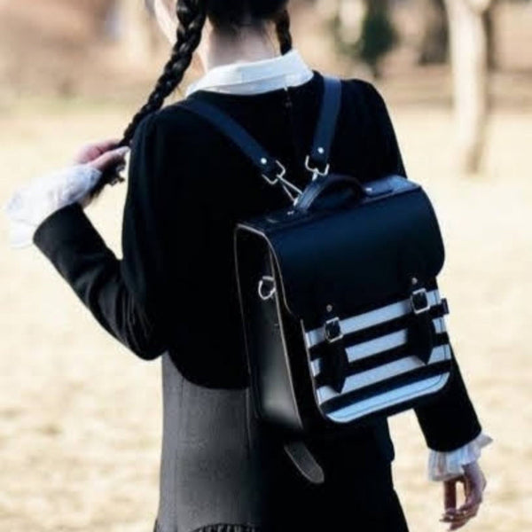 Sac à dos de ville en cuir fait main - Rayures Gothiques Blanches et Noires
